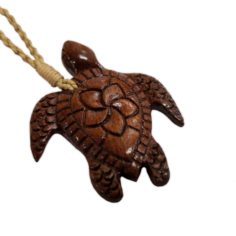 Hawaiian Treasure - Koa Turtle Pendant on Hemp Necklace - Close-up